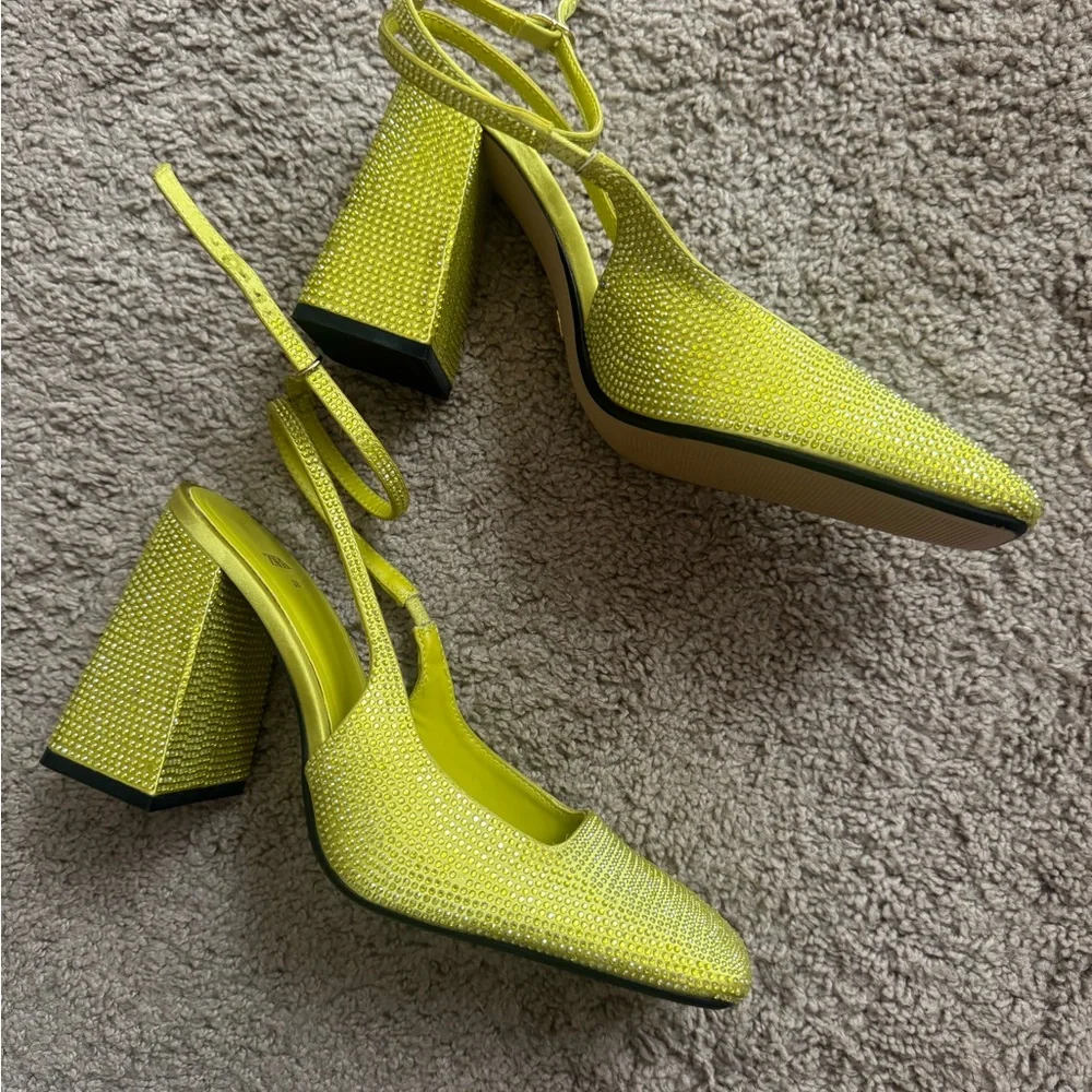 Zara Yellow Rhinestone Block Heel Slingback Pumps - Picture 5 of 7